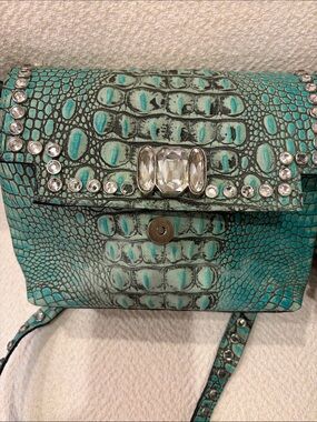 Crystal-Embellished Turquoise Croc-Embossed Crossbody Bag